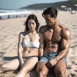 A young woman with a large chest sitting on the beach, wearing minimalist clothes