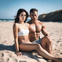 A young woman with a large chest sitting on the beach, wearing minimalist clothes