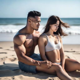 A young woman with a large chest is sitting on the beach wearing minimalist clothes