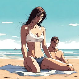 A young woman with a large chest is sitting on the beach wearing minimalist clothes