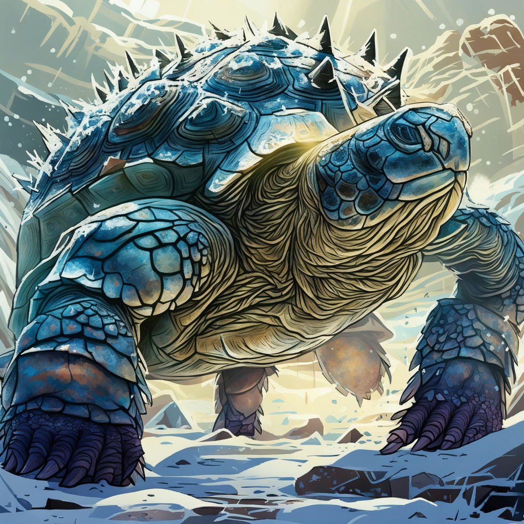 A high-quality Dungeons and Dragons style image of a giant tortoise covered in ice shards with a large spiked ice tail, set in a frozen, wintry landscape