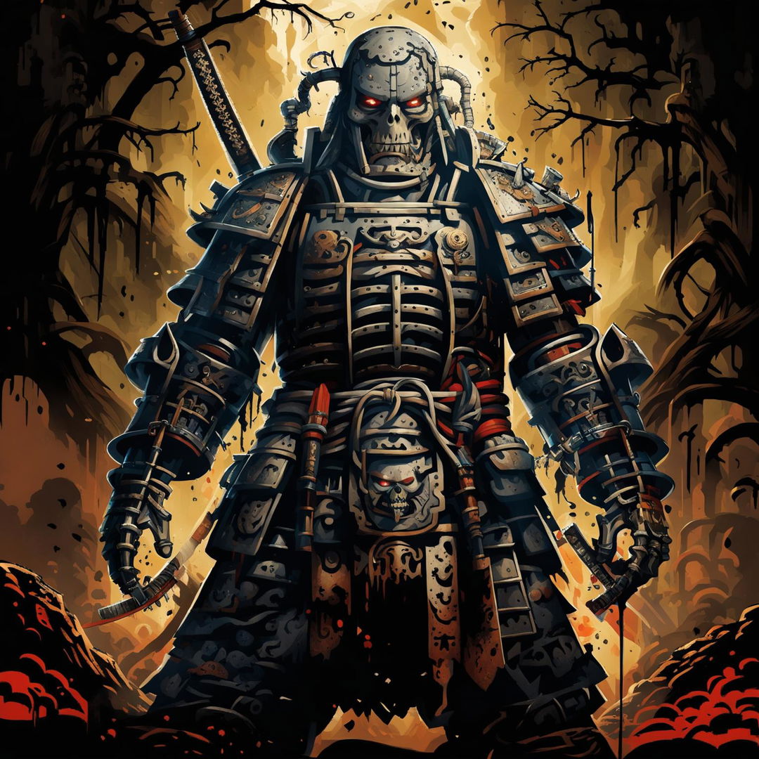 A high-quality Dungeons and Dragons style image of a giant undead samurai warrior in tattered armor, wielding a katana, set in a desolate, haunted battlefield