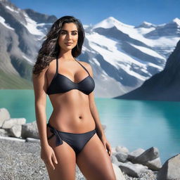 A curvy Saudi model wearing a bikini, posing confidently amidst the picturesque Swiss mountains