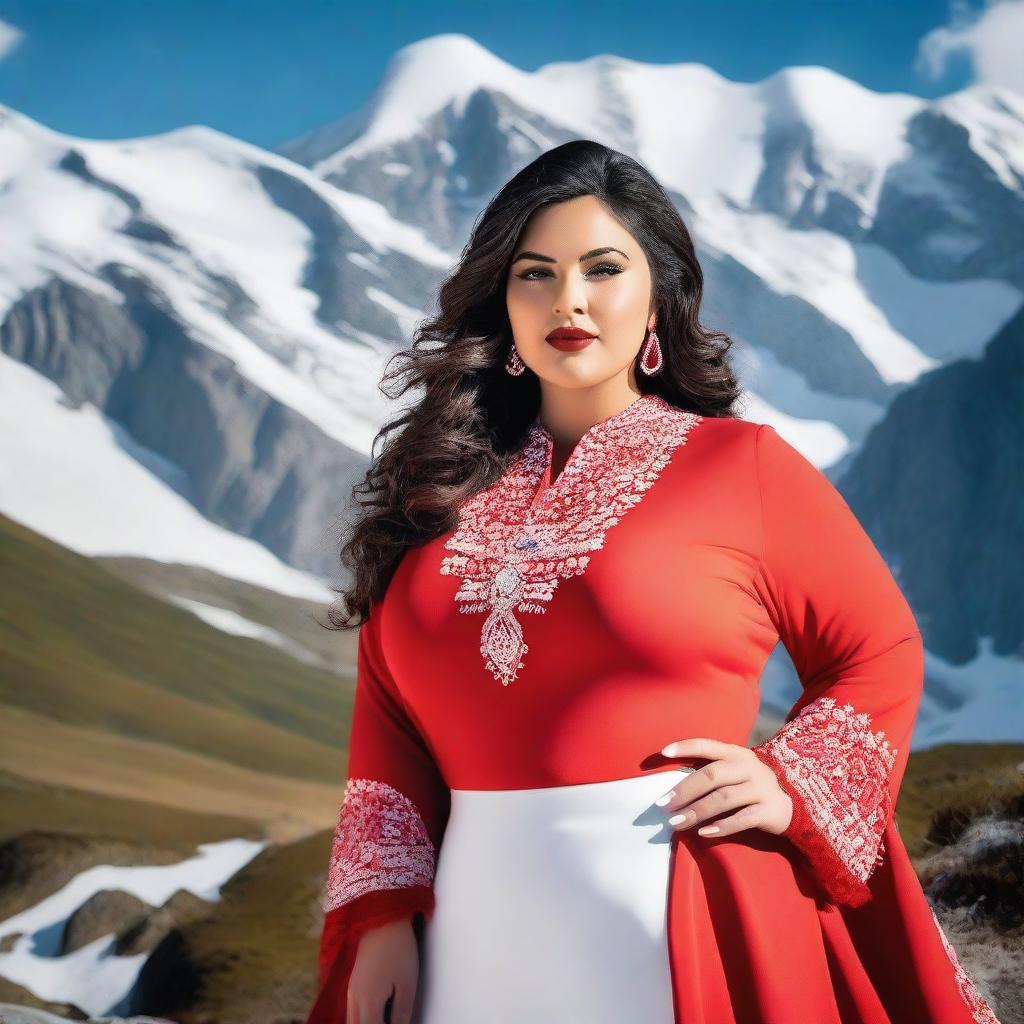 A plus-size Saudi model posing confidently amidst the picturesque Swiss mountains