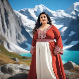 A plus-size Saudi model posing confidently amidst the picturesque Swiss mountains