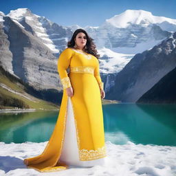 A plus-size Saudi model posing confidently amidst the picturesque Swiss mountains