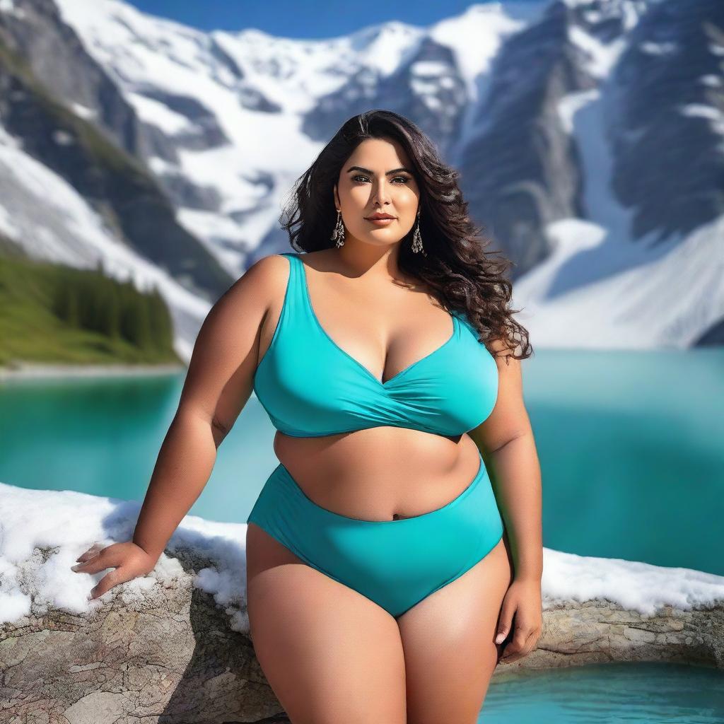 A plus-size Saudi model with beautiful curves, posing confidently in swimwear amidst the picturesque Swiss mountains