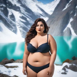 A plus-size Saudi model with beautiful curves, posing confidently in swimwear amidst the picturesque Swiss mountains