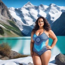 A plus-size Saudi model with beautiful curves, posing confidently in swimwear amidst the picturesque Swiss mountains