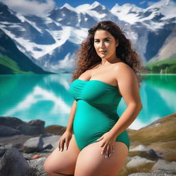 A plus-size Saudi model with beautiful curves, posing confidently in swimwear amidst the picturesque Swiss mountains