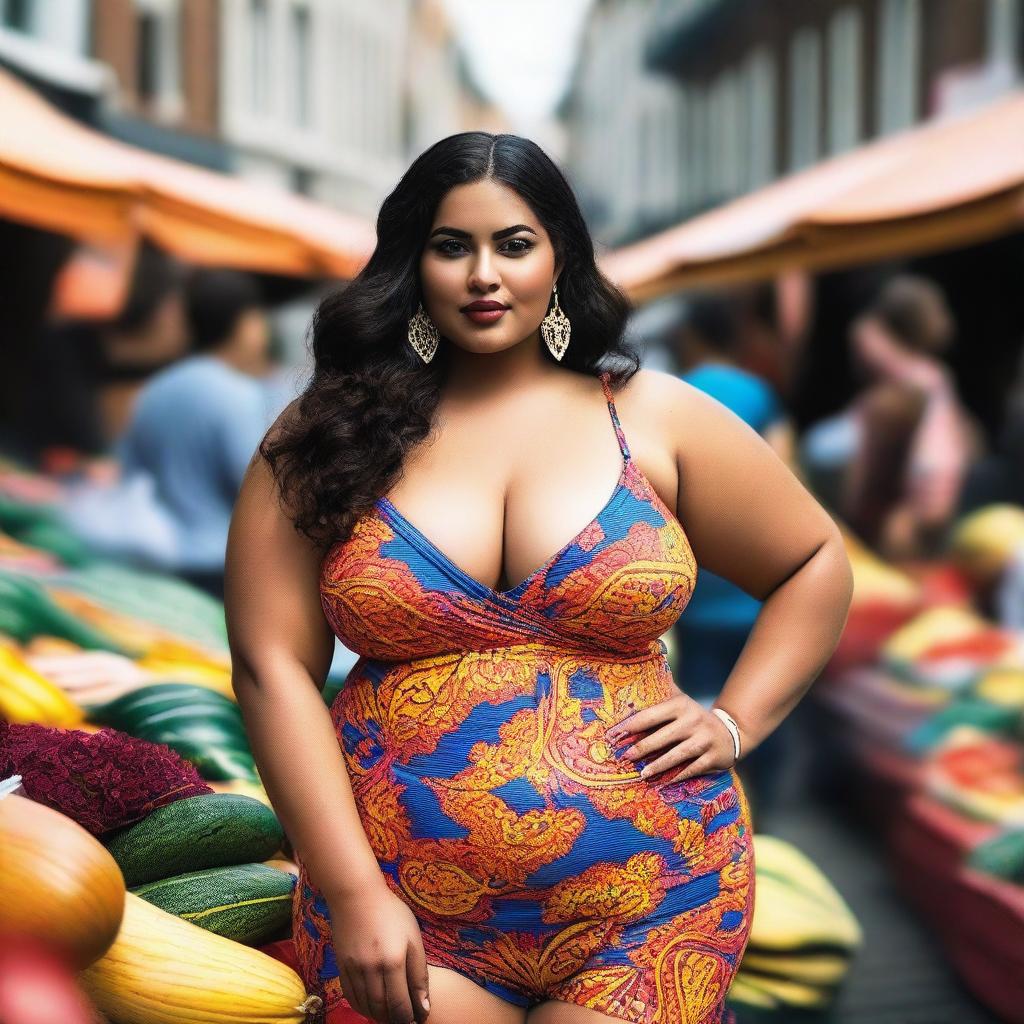 A plus-size Saudi model with beautiful curves, posing confidently in swimwear at an Amsterdam market