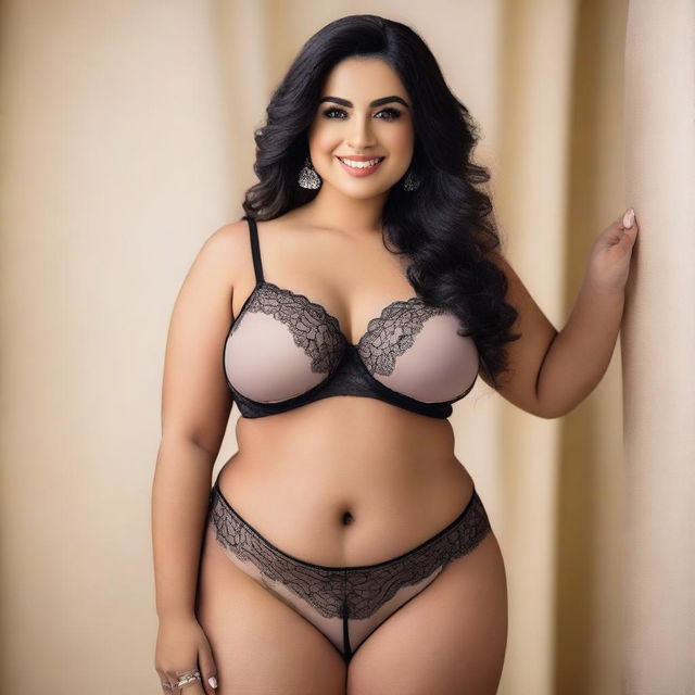 A curvy Saudi woman smiling at the camera while posing from the back in her lingerie