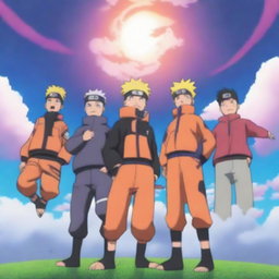 A scene from the Naruto anime featuring characters exploring the sky, with vibrant clouds and a sense of adventure