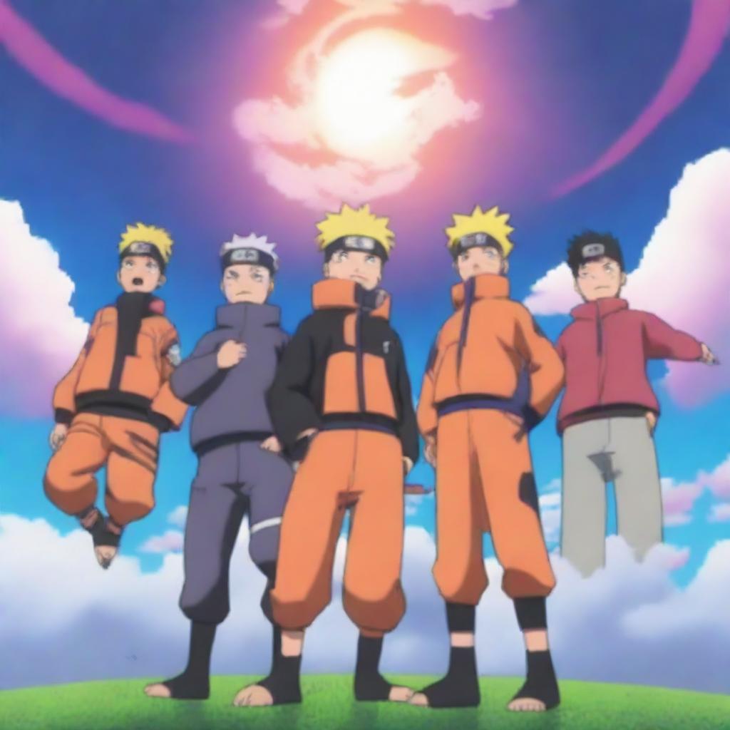 A scene from the Naruto anime featuring characters exploring the sky, with vibrant clouds and a sense of adventure