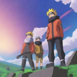 A scene from the Naruto anime featuring characters exploring the sky, with vibrant clouds and a sense of adventure