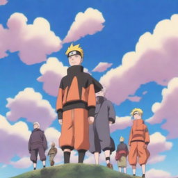 A scene from the Naruto anime featuring characters exploring the sky, with vibrant clouds and a sense of adventure