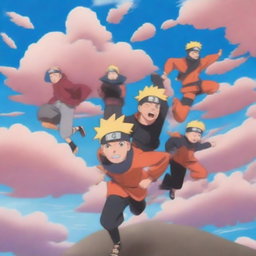 A scene from the Naruto anime featuring characters exploring the sky, with vibrant clouds and a sense of adventure