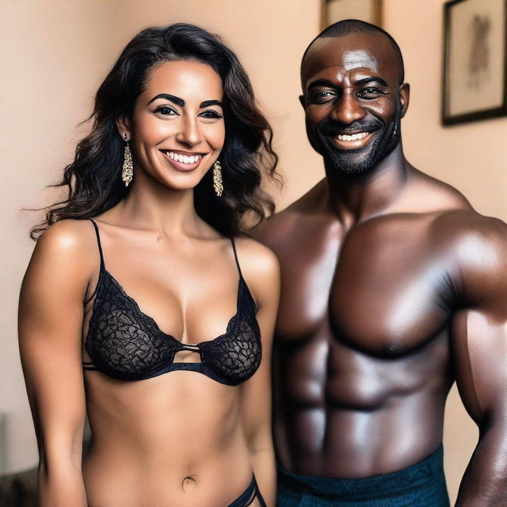 A Moroccan woman in lingerie smiling at the camera, with a black muscular man admiring her in the background