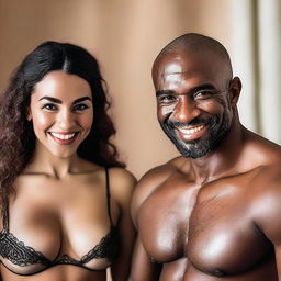 A Moroccan woman in lingerie smiling at the camera, with a black muscular man admiring her in the background