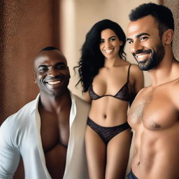 A Moroccan woman in lingerie smiling at the camera, with a black muscular man admiring her in the background