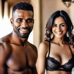 A Moroccan woman in lingerie smiling at the camera, with a black muscular man admiring her in the background