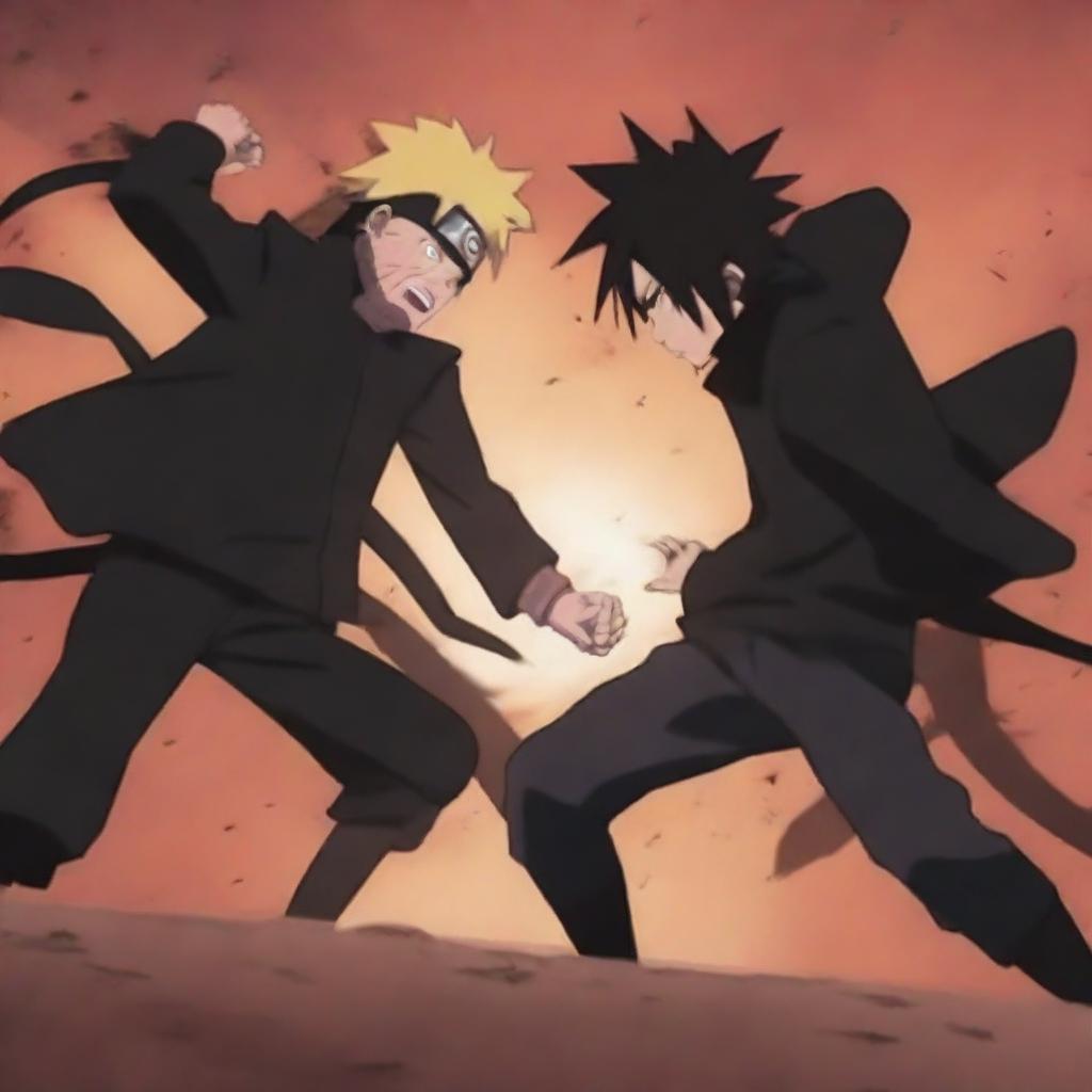 An intense battle scene from the Naruto anime featuring Naruto and Itachi Uchiha