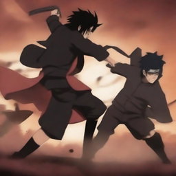 An intense battle scene from the Naruto anime featuring Naruto and Itachi Uchiha