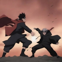 An intense battle scene from the Naruto anime featuring Naruto and Itachi Uchiha
