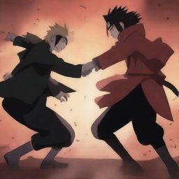 An intense battle scene from the Naruto anime featuring Naruto and Itachi Uchiha