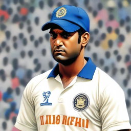 A detailed and realistic painting of MS Dhoni, the famous Indian cricketer, in his cricket uniform