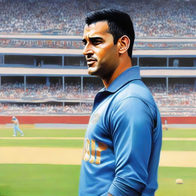 A detailed and realistic painting of MS Dhoni, the famous Indian cricketer, in his cricket uniform