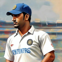 A detailed and realistic painting of MS Dhoni, the famous Indian cricketer, in his cricket uniform