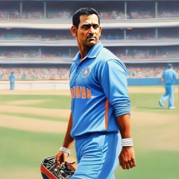A detailed and realistic painting of MS Dhoni, the famous Indian cricketer, in his cricket uniform