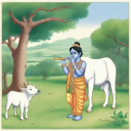 A detailed drawing of Lord Krishna, depicted as a young boy, playing his flute while standing beside a cow