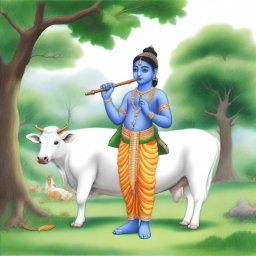 A detailed drawing of Lord Krishna, depicted as a young boy, playing his flute while standing beside a cow