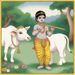 A detailed drawing of Lord Krishna, depicted as a young boy, playing his flute while standing beside a cow