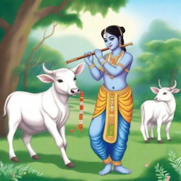A detailed drawing of Lord Krishna, depicted as a young boy, playing his flute while standing beside a cow