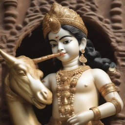 A detailed sculpture of Lord Krishna, depicted as a young boy, playing his flute while standing beside a cow