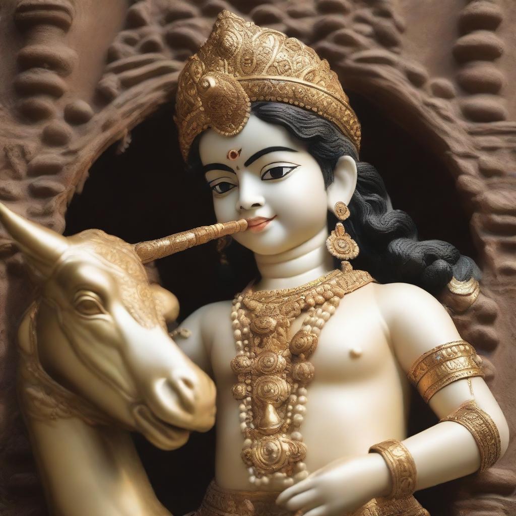 A detailed sculpture of Lord Krishna, depicted as a young boy, playing his flute while standing beside a cow
