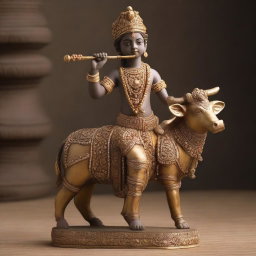 A detailed sculpture of Lord Krishna, depicted as a young boy, playing his flute while standing beside a cow