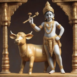 A detailed sculpture of Lord Krishna, depicted as a young boy, playing his flute while standing beside a cow