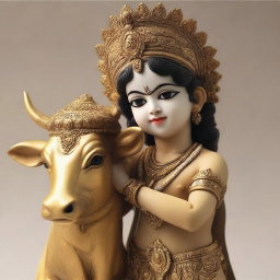 A detailed sculpture of Lord Krishna, depicted as a young boy, playing his flute while standing beside a cow