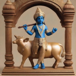An A4 size detailed sculpture of Lord Krishna, depicted as a young boy, playing his flute while standing beside a cow