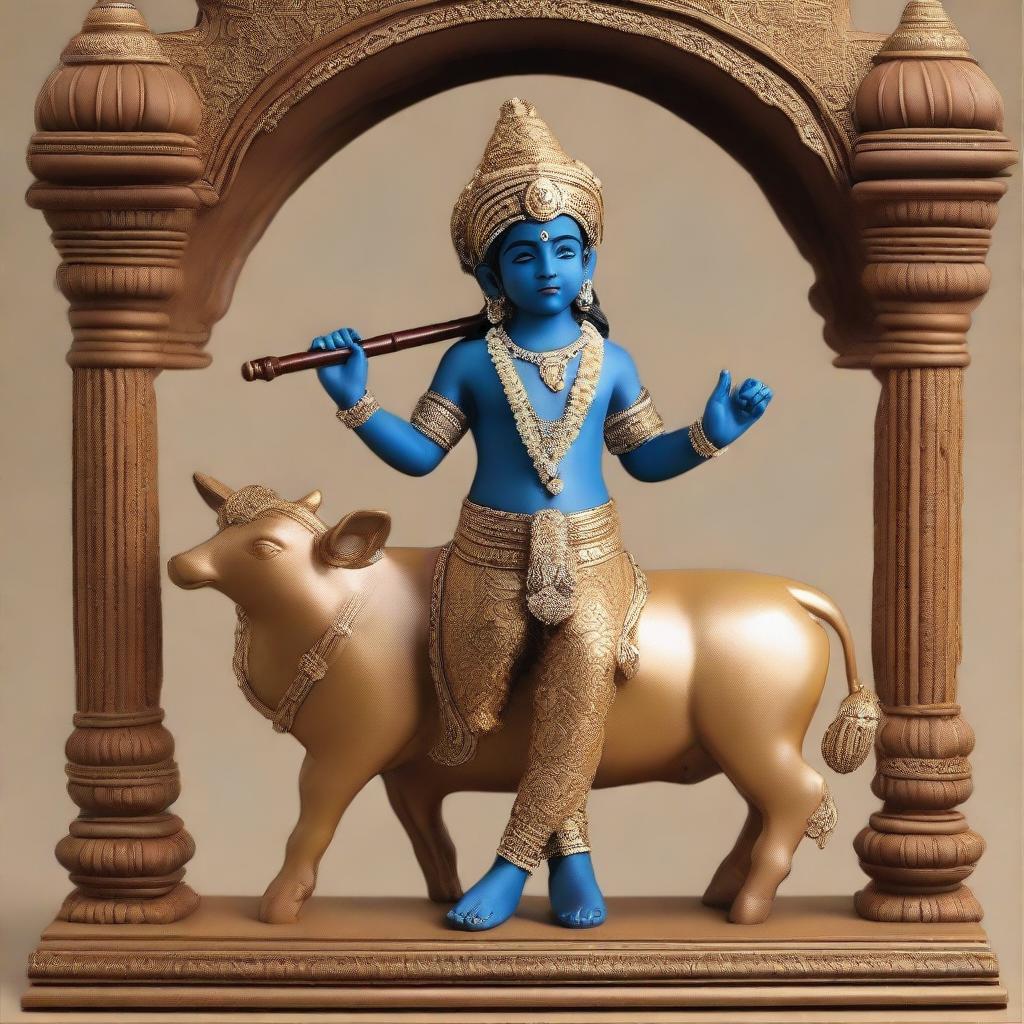 An A4 size detailed sculpture of Lord Krishna, depicted as a young boy, playing his flute while standing beside a cow