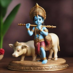 An A4 size detailed sculpture of Lord Krishna, depicted as a young boy, playing his flute while standing beside a cow