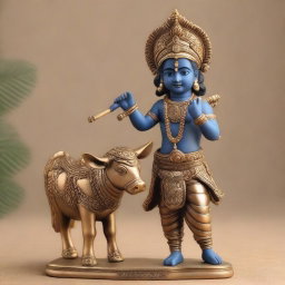 An A4 size detailed sculpture of Lord Krishna, depicted as a young boy, playing his flute while standing beside a cow