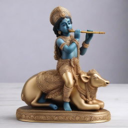 An A4 size detailed sculpture of Lord Krishna, depicted as a young boy, playing his flute while standing beside a cow