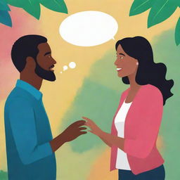 Two people engaged in a vibrant conversation, illustrating the dynamic essence of verbal communication while highlighting the passion and emotion behind their words. Background elements should subtly hint at the nature of their dialogue.