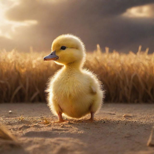 A small, fluffy yellow duckling standing bravely in a golden cornfield, with bombastic explosions illuminating the background sky.