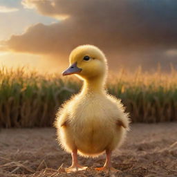 A small, fluffy yellow duckling standing bravely in a golden cornfield, with bombastic explosions illuminating the background sky.